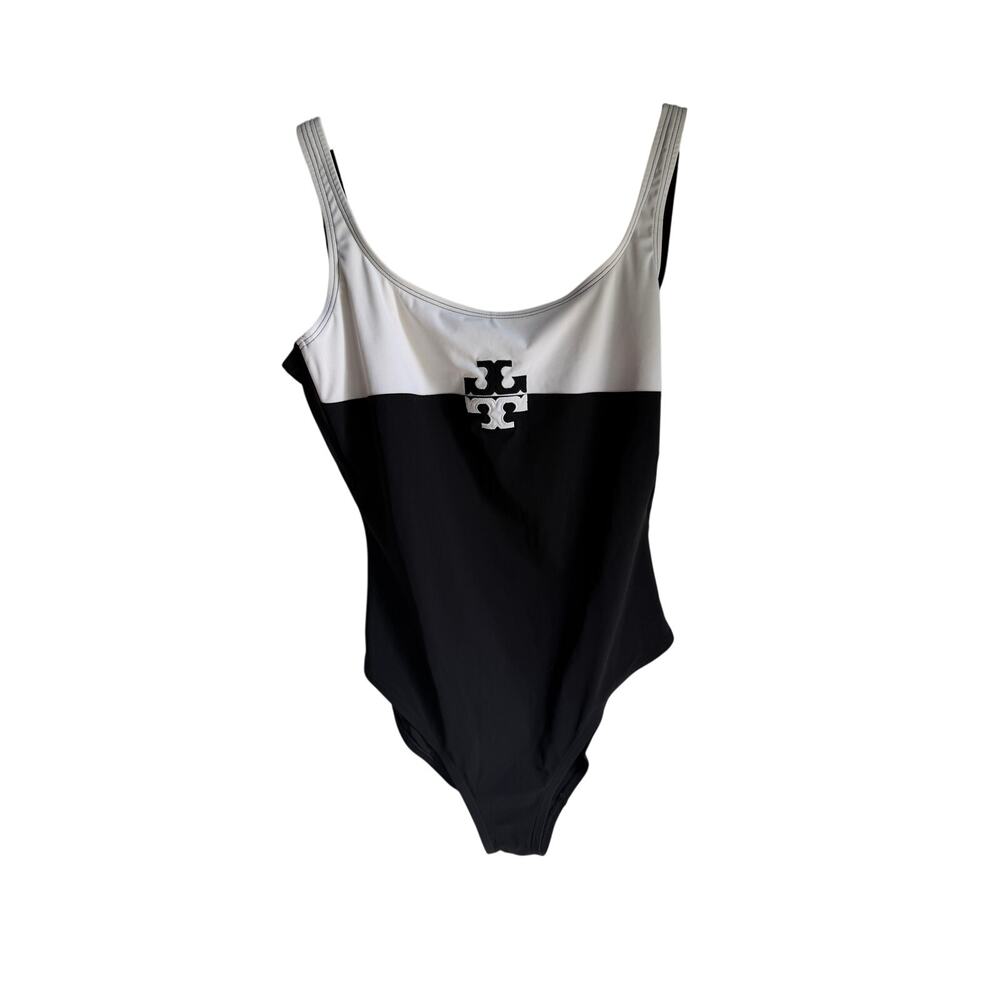 Tory Burch Logo Colorblock One Piece Swimsuit Black White Medium